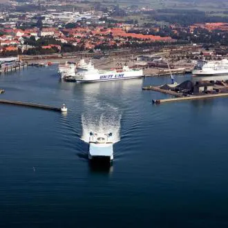 ystad-harbor-aerial-view-wagate-environmental-pollution-protection-stormwater-pipes-port-facility-uk Aerial view over Ystad harbor showing port area where WaGate system protects against environmental pollution from stormwater pipes